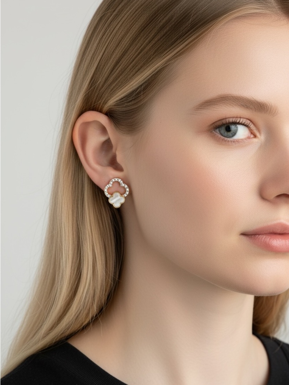 9/27 Delicate White Mother-of-Pearl Clover Stud Earrings - Gold Tone